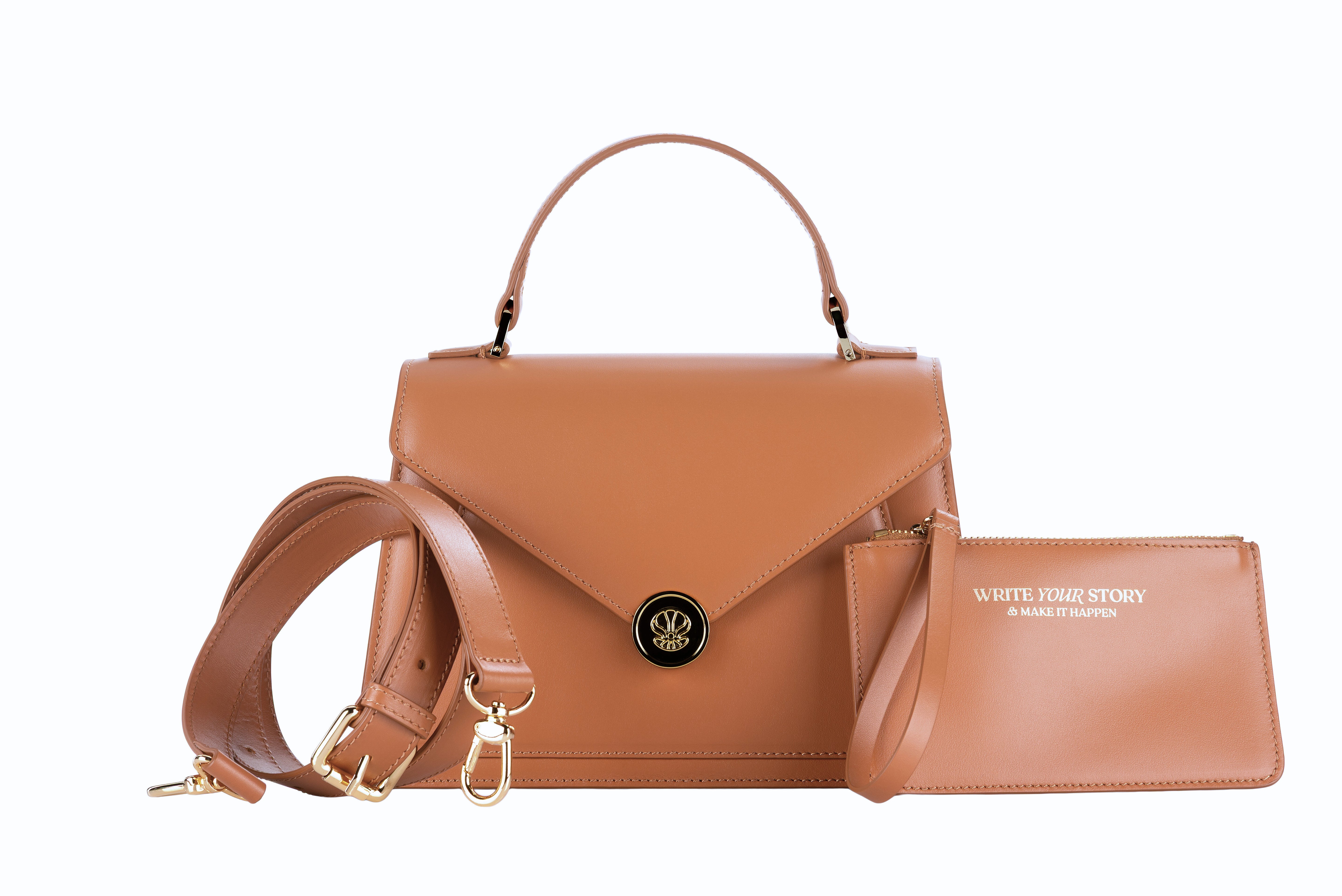 Borsa marrone in pelle Made in Italy con tracolla e pochette estraibile