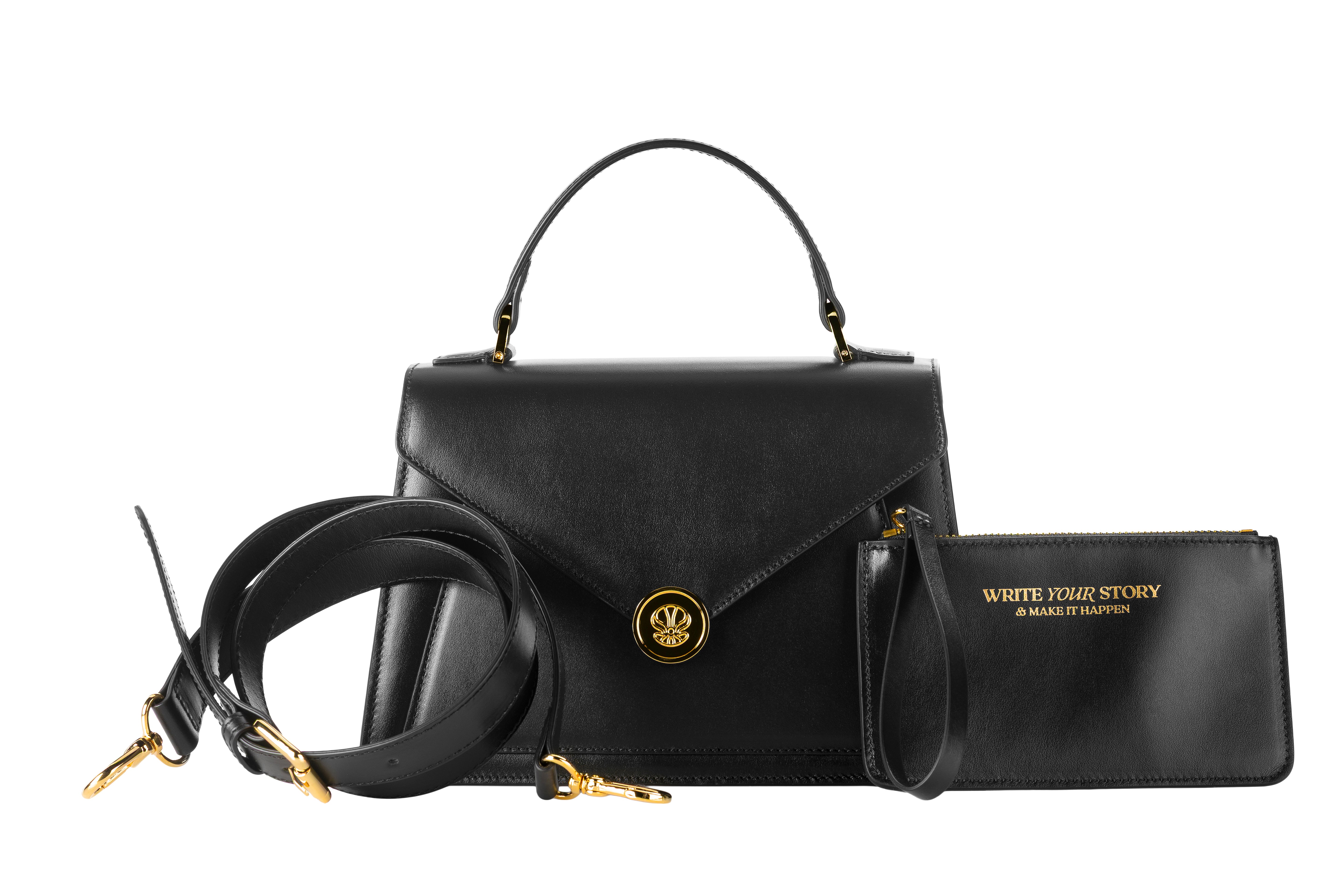 Borsa nera in pelle Made in Italy con tracolla e pochette estraibile